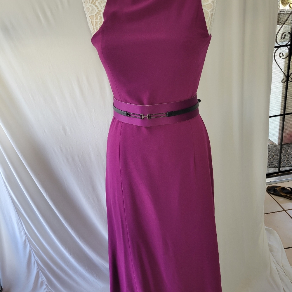 Purple Belted Halston Heritage Asymmetrical Neckline Dress Size 6